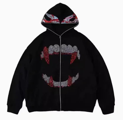 Gothic Rhinestone Zip Up Hoodie🕷️🌑💀